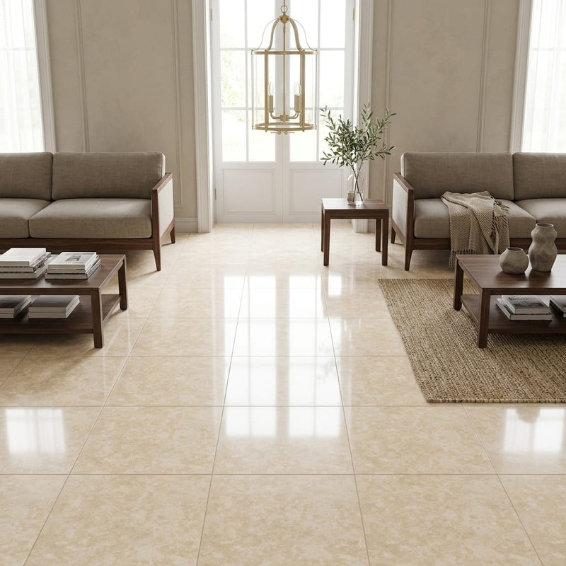 Ivory / Light Travertine 18x18 Cream Filled & Polished Tile — Family Room floor