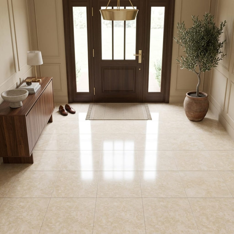 Ivory / Light Travertine 18x18 Cream Filled & Polished Tile — Foyer floor
