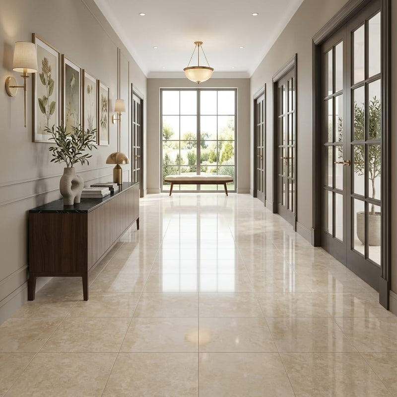 Ivory / Light Travertine 18x18 Cream Filled & Polished Tile — Hallway floor