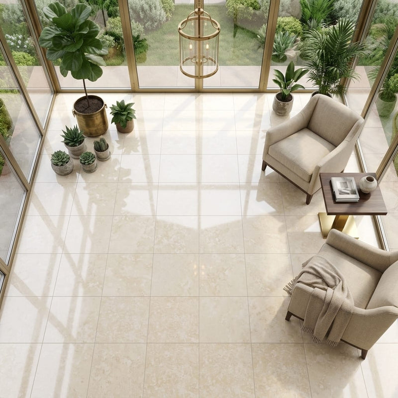 Ivory / Light Travertine 18x18 Cream Filled & Polished Tile — Sunroom floor
