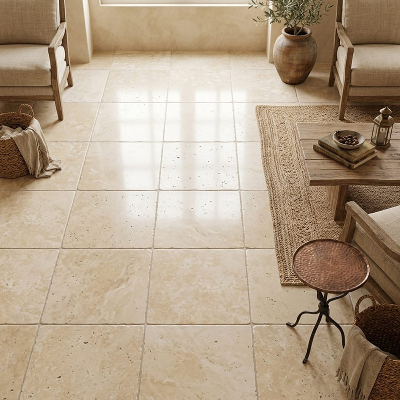 Ivory / Light Travertine 18x18 Cream Tumbled Tile — Family Room floor