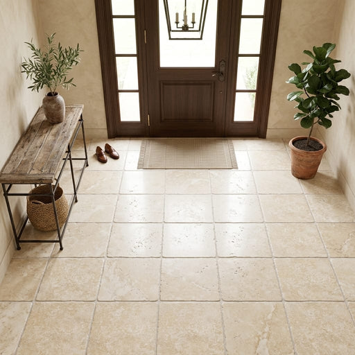Ivory / Light Travertine 18x18 Cream Tumbled Tile — Foyer floor