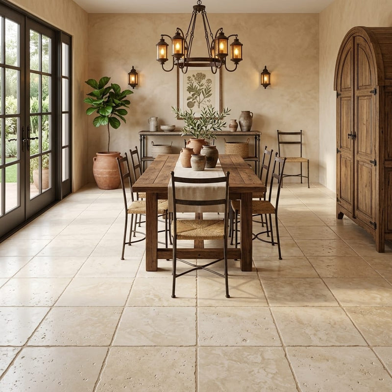 Ivory / Light Travertine 18x18 Cream Tumbled Tile — Living Room floor