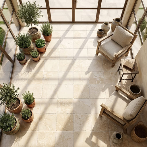 Ivory / Light Travertine 18x18 Cream Tumbled Tile — Sunroom floor