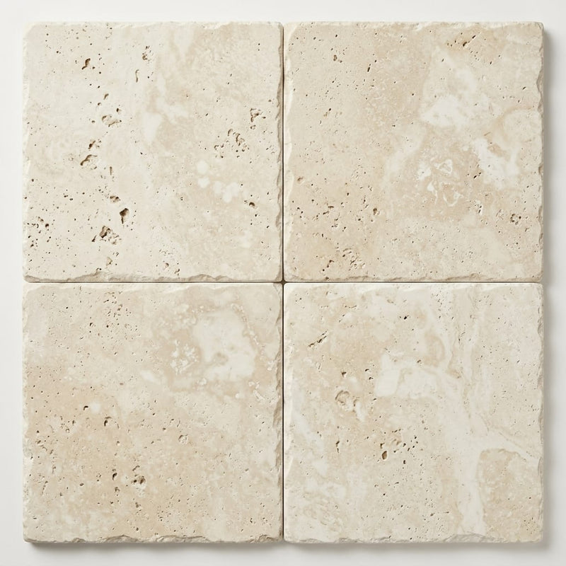 Ivory / Light Travertine 18x18 Cream Unfilled, Brushed & Chiseled Tile close-up