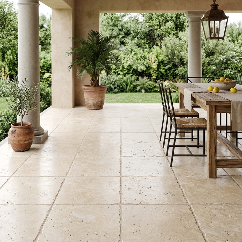 Ivory / Light Travertine 18x18 Cream Unfilled, Brushed & Chiseled Tile — Covered Patio floor