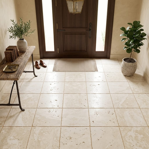 Ivory / Light Travertine 18x18 Cream Unfilled, Brushed & Chiseled Tile — Foyer floor
