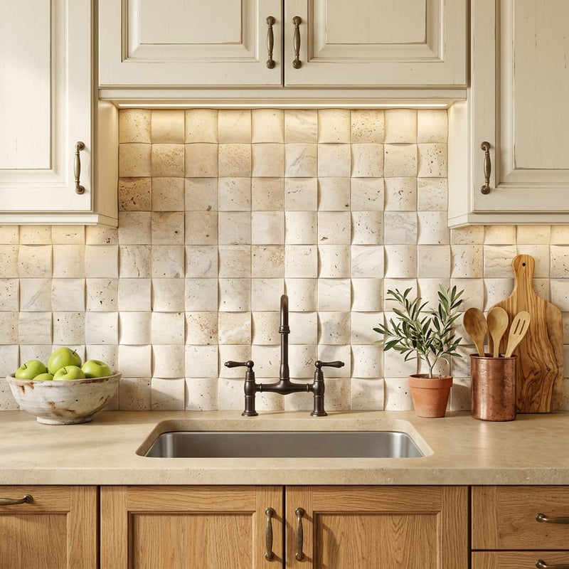 Ivory / Light Travertine 2x2 Cream Round-Faced (CNC-Arched / Wavy) Mosaic — Kitchen backsplash