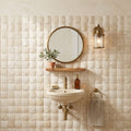 Ivory / Light Travertine 2x2 Cream Round-Faced (CNC-Arched / Wavy) Mosaic — Powder Room wall