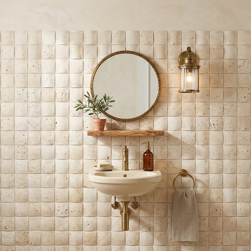 Ivory / Light Travertine 2x2 Cream Round-Faced (CNC-Arched / Wavy) Mosaic — Powder Room wall