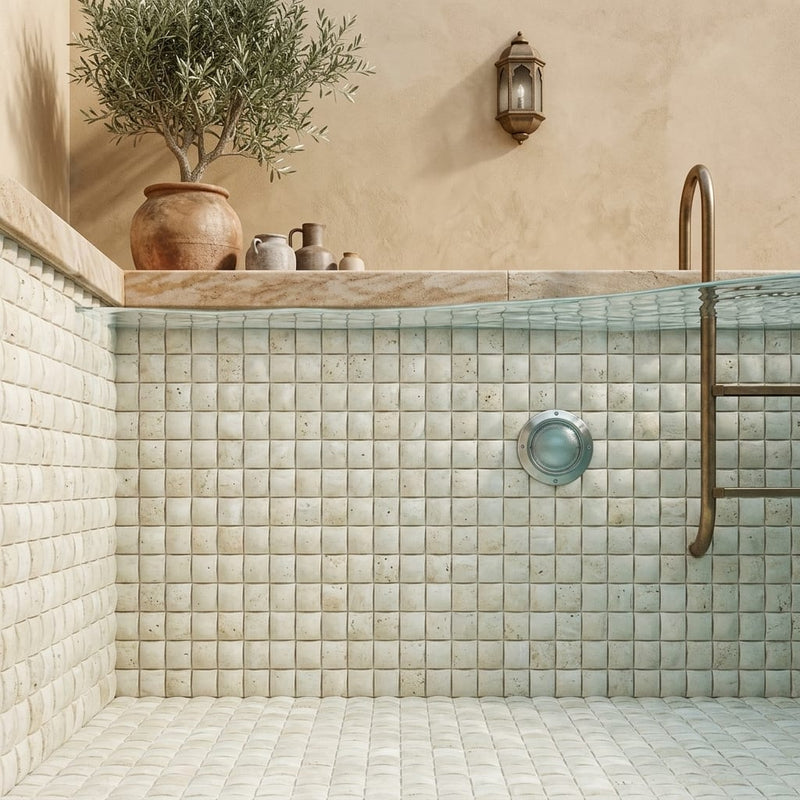 Ivory / Light Travertine 2x2 Cream Round-Faced (CNC-Arched / Wavy) Mosaic — Swimming Pool pool interior tiling