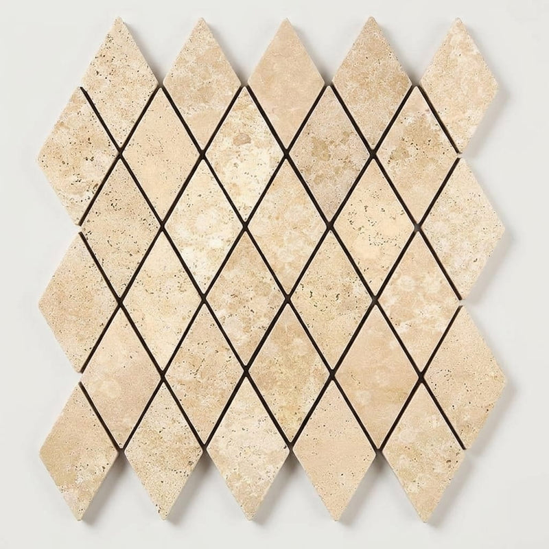 Ivory / Light Travertine 2x4 Cream Tumbled Diamond / Rhomboid Mosaic close-up