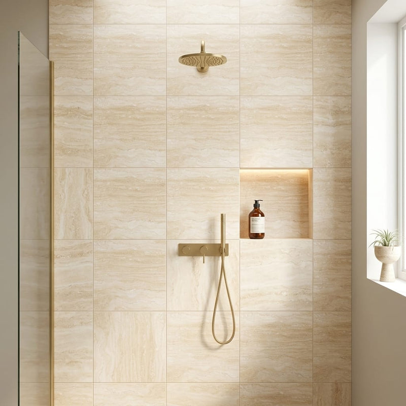 Ivory / Light Travertine 24x24 Cream Filled & Honed Tile — Bathroom shower wall