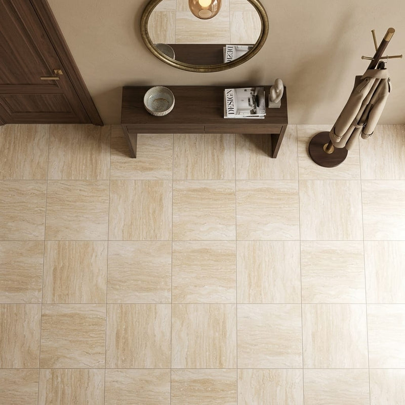 Ivory / Light Travertine 24x24 Cream Filled & Honed Tile — Foyer floor