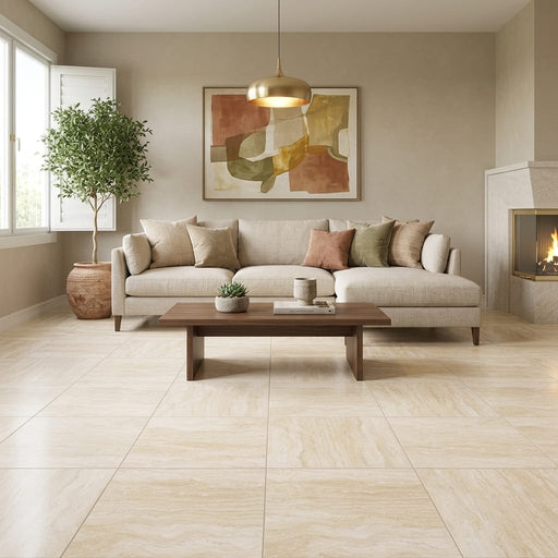 Ivory / Light Travertine 24x24 Cream Filled & Honed Tile — Living Room floor