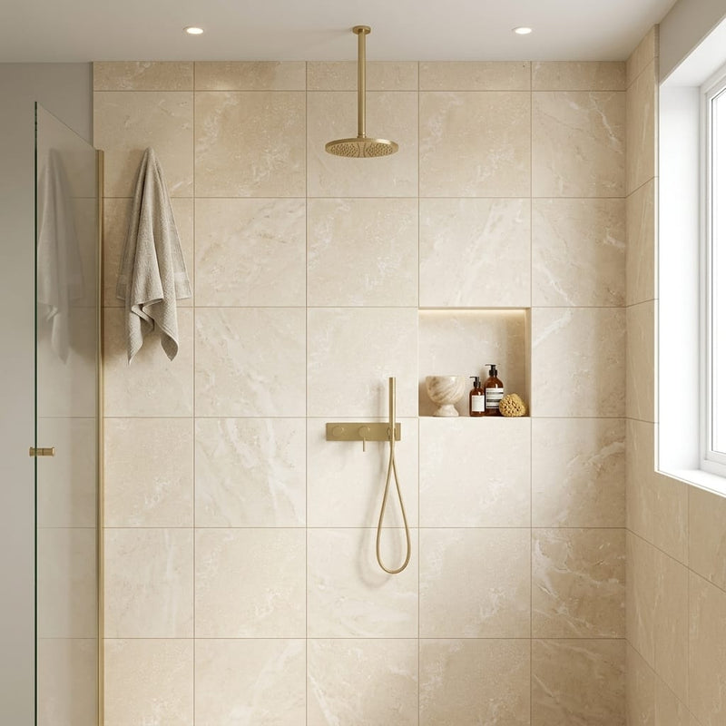 Ivory / Light Travertine 24x24 Cream Filled & Honed Tile — Bathroom shower wall