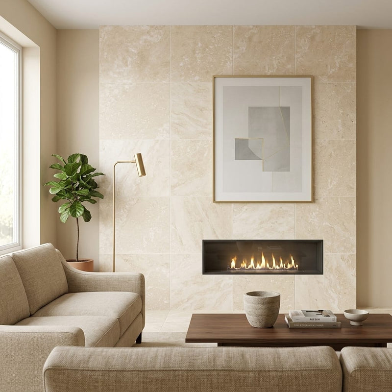 Ivory / Light Travertine 24x24 Cream Filled & Honed Tile — Living Room feature wall