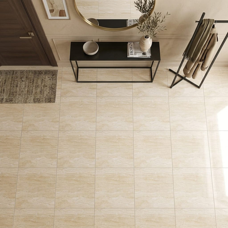 Ivory / Light Travertine 24x24 Cream Filled & Polished Tile — Foyer floor