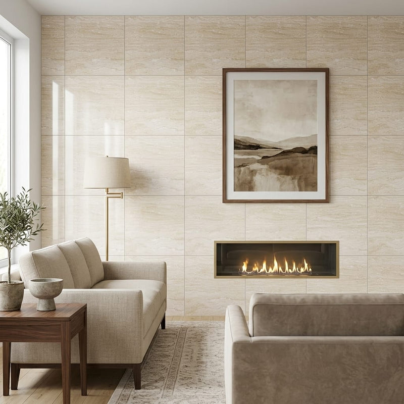 Ivory / Light Travertine 24x24 Cream Filled & Polished Tile — Living Room feature wall