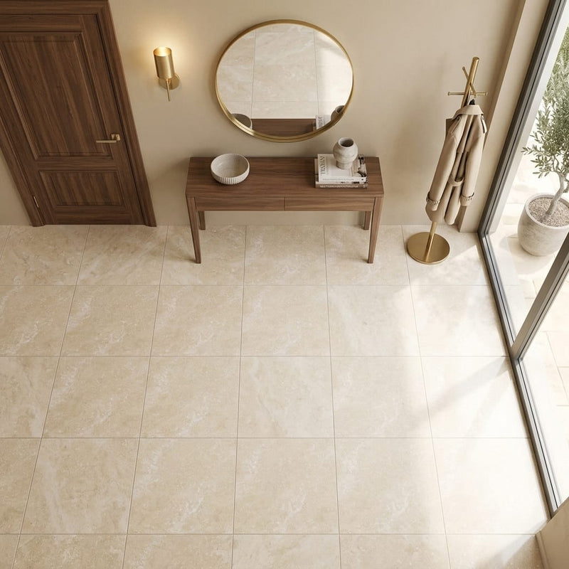 Ivory / Light Travertine 24x24 Cream Filled & Polished Tile — Foyer floor