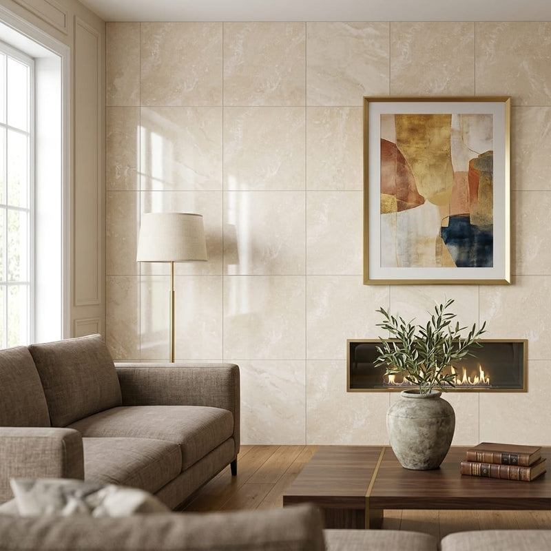 Ivory / Light Travertine 24x24 Cream Filled & Polished Tile — Living Room feature wall