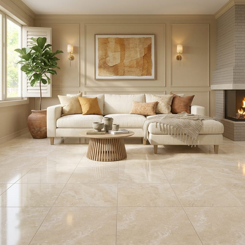 Ivory / Light Travertine 24x24 Cream Filled & Polished Tile — Living Room floor
