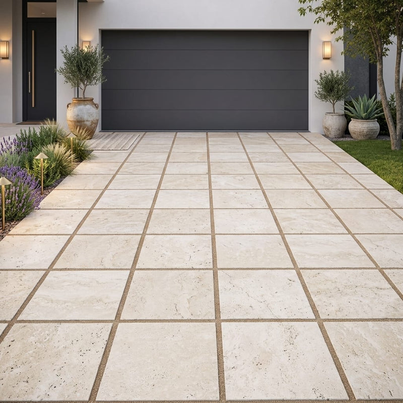 Ivory / Light Travertine 24x24 Cream Tumbled Paver — Front Yard driveway
