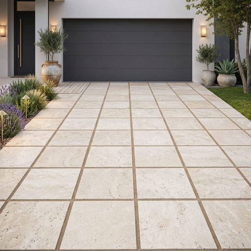 Ivory / Light Travertine 24x24 Cream Tumbled Paver — Front Yard driveway