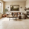 Ivory / Light Travertine 24x24 Cream Tumbled Tile — Living Room floor