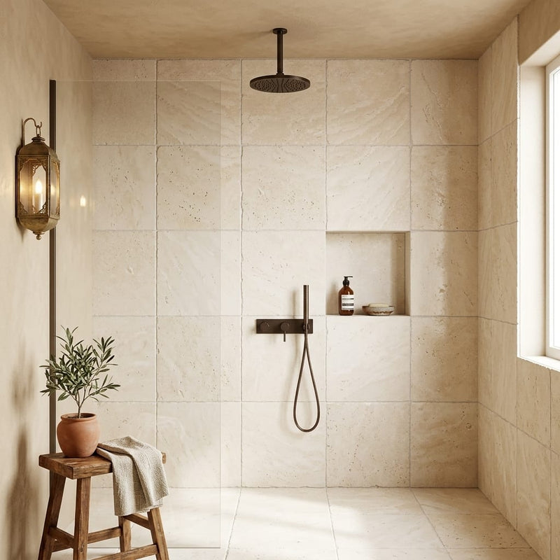 Ivory / Light Travertine 24x24 Cream Unfilled, Brushed & Chiseled Tile — Bathroom shower wall