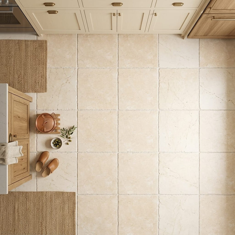 Ivory / Light Travertine 24x24 Cream Unfilled, Brushed & Chiseled Tile — Kitchen floor