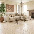 Ivory / Light Travertine 24x24 Cream Unfilled, Brushed & Chiseled Tile — Living Room floor