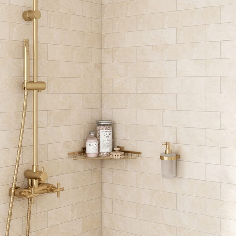 Ivory / Light Travertine 3x6 Cream Filled & Honed Tile — Bathroom shower wall