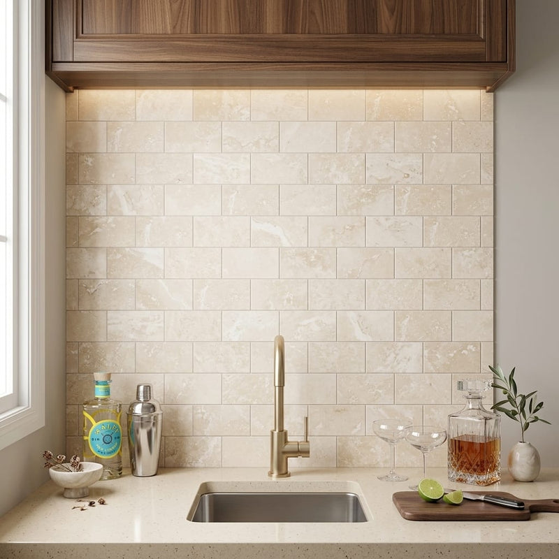 Ivory / Light Travertine 3x6 Cream Filled & Honed Tile — Wet Bar backsplash