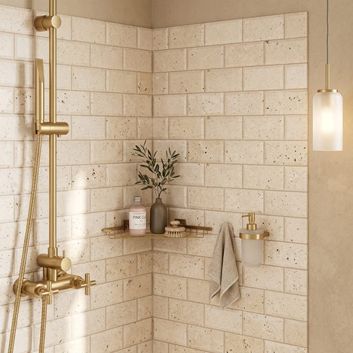 Ivory / Light Travertine 3x6 Cream Honed Tile — Bathroom shower wall