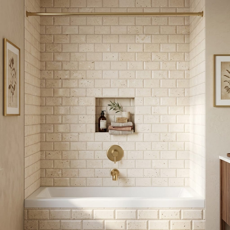 Ivory / Light Travertine 3x6 Cream Honed Tile — Bathroom tub surround