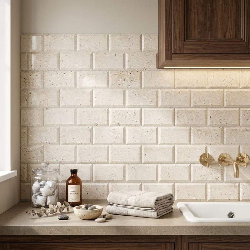 Ivory / Light Travertine 3x6 Cream Honed Tile — Laundry Room backsplash