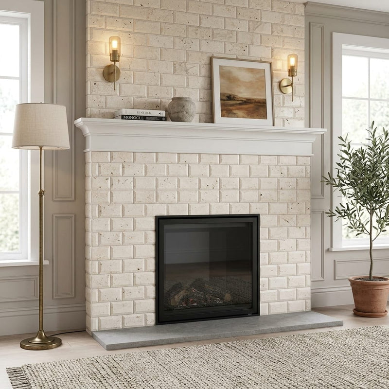 Ivory / Light Travertine 3x6 Cream Honed Tile — Living Room fireplace surround