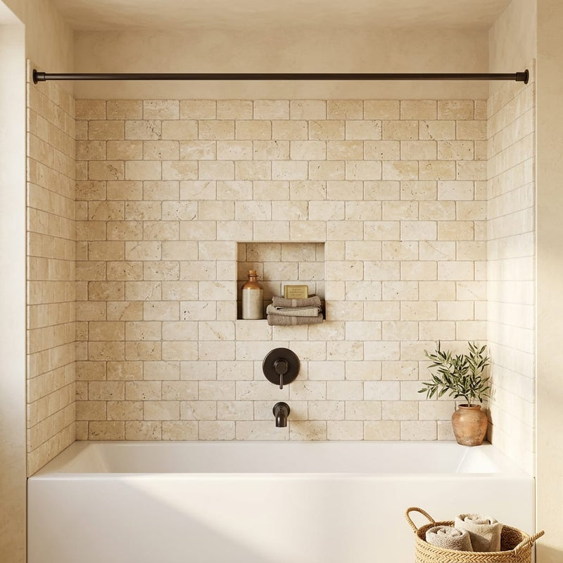 Ivory / Light Travertine 3x6 Cream Tumbled Tile — Bathroom tub surround