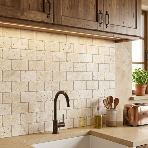 Ivory / Light Travertine 3x6 Cream Tumbled Tile — Kitchen backsplash