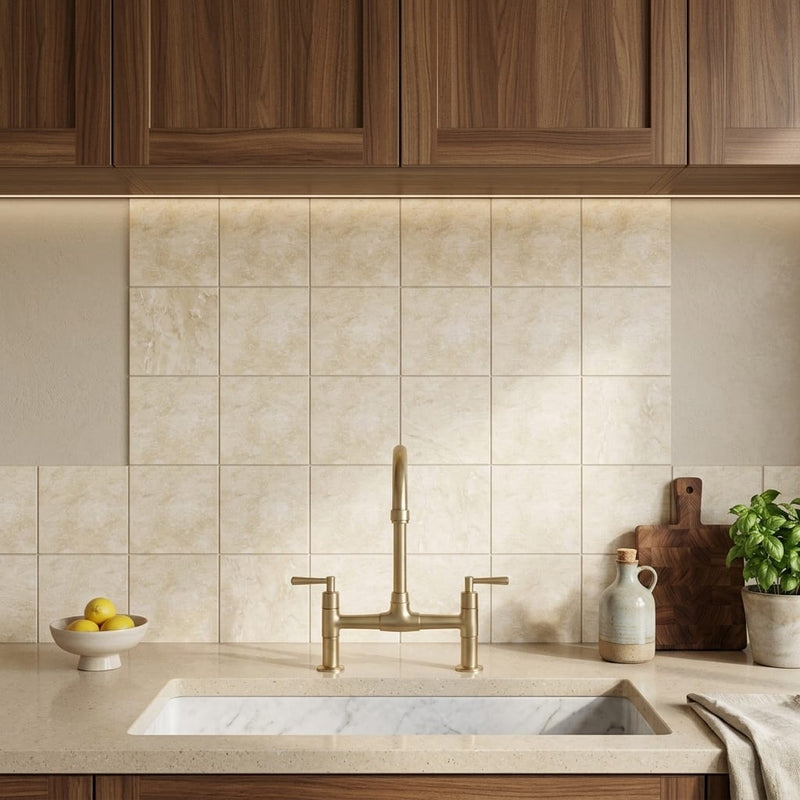 Ivory / Light Travertine 4x4 Cream Filled & Honed Tile — Kitchen backsplash