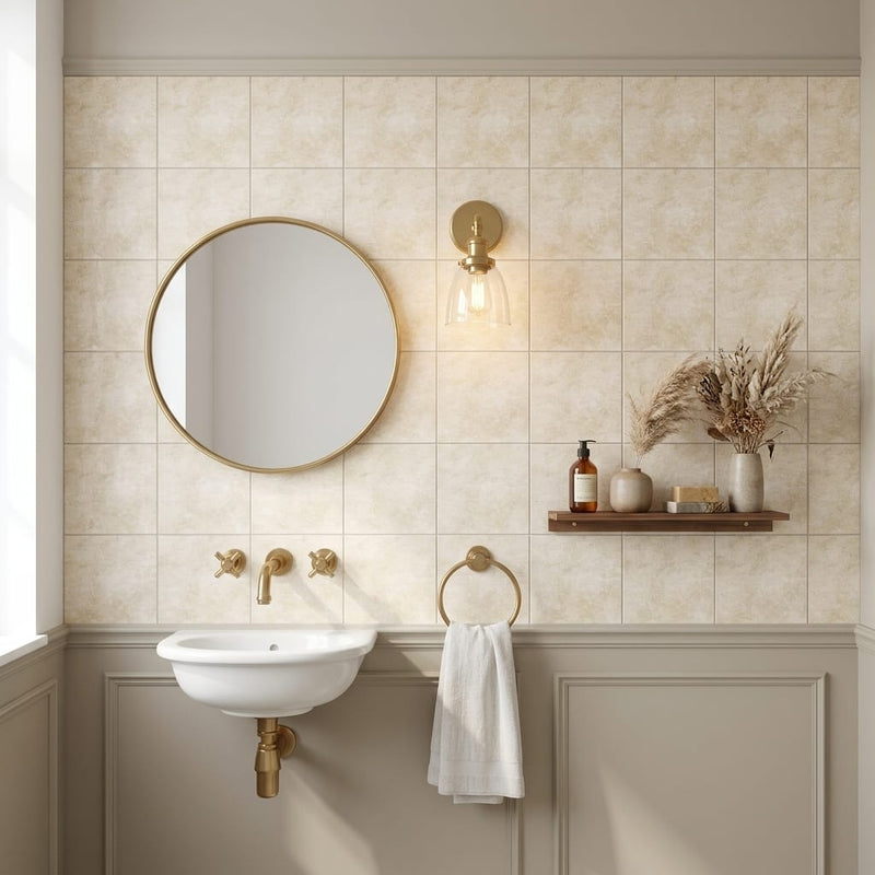 Ivory / Light Travertine 4x4 Cream Filled & Honed Tile — Powder Room wall