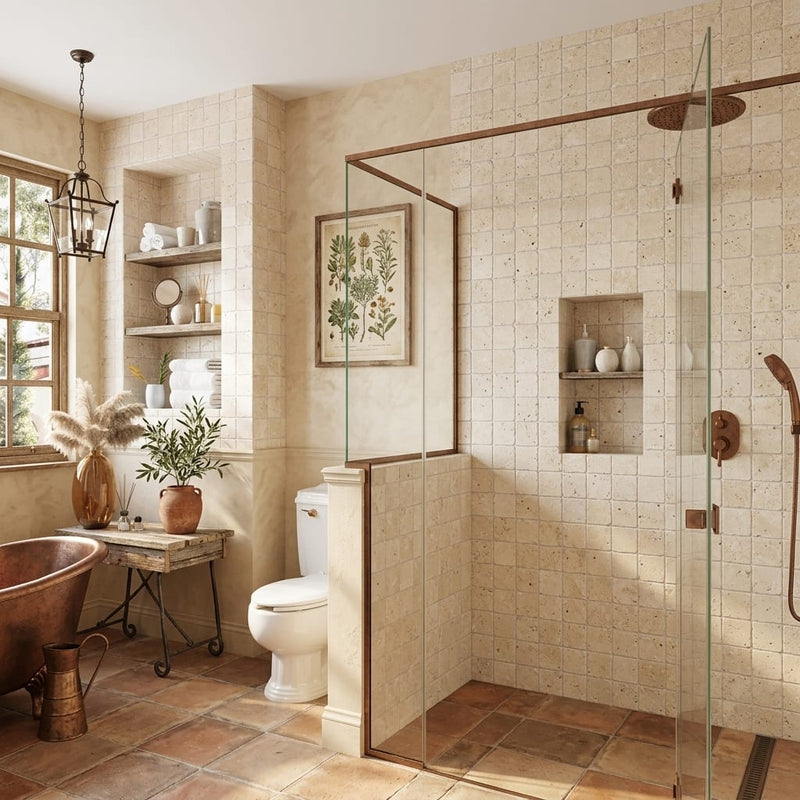 Ivory / Light Travertine 4x4 Cream Tumbled Tile — Bathroom shower wall accent band