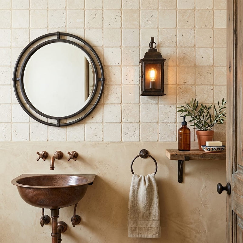 Ivory / Light Travertine 4x4 Cream Tumbled Tile — Powder Room wall