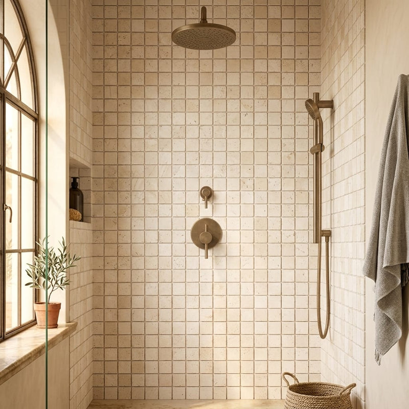 Ivory / Light Travertine 5/8x5/8 Cream Tumbled Mosaic — Bathroom shower wall