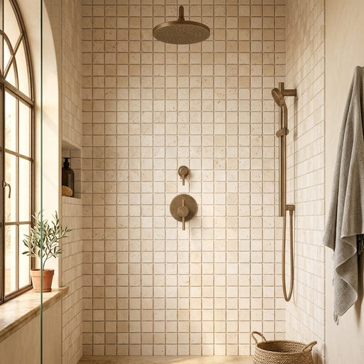Ivory / Light Travertine 5/8x5/8 Cream Tumbled Mosaic — Bathroom shower wall