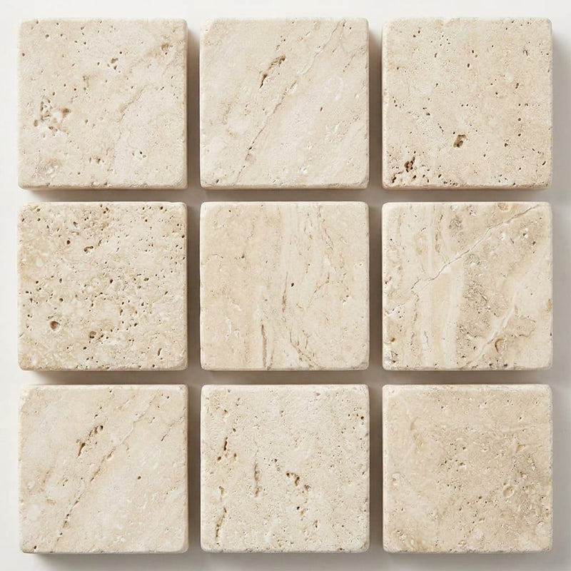 Ivory / Light Travertine 5/8x5/8 Cream Tumbled Mosaic close-up