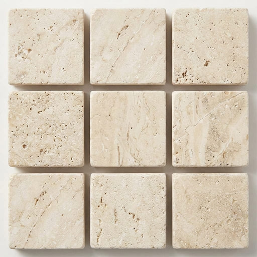 Ivory / Light Travertine 5/8x5/8 Cream Tumbled Mosaic close-up