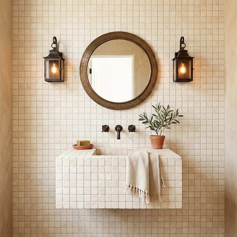 Ivory / Light Travertine 5/8x5/8 Cream Tumbled Mosaic — Powder Room wall