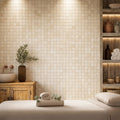 Ivory / Light Travertine 5/8x5/8 Cream Tumbled Mosaic — Spa spa interior